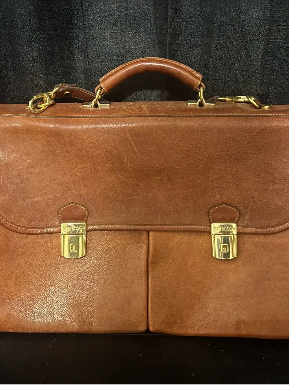 Bosca Tan Leather Briefcase with Gold Hardware